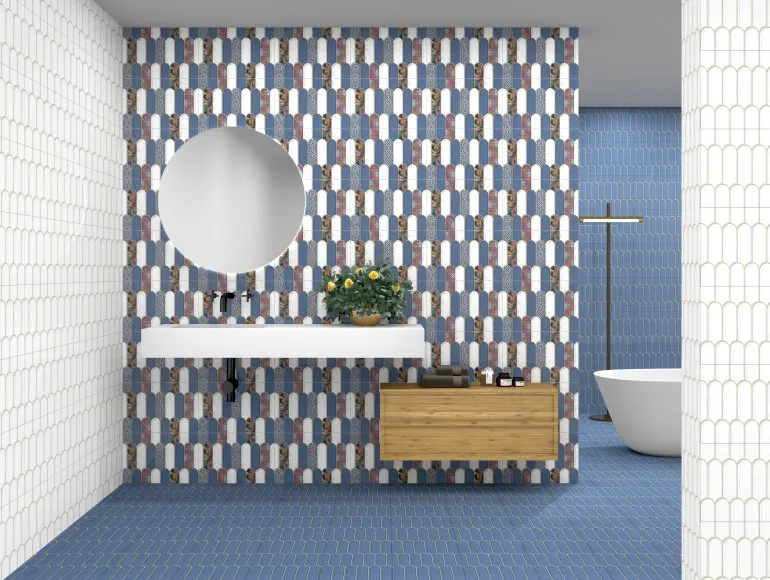 Elegant blue and gold tiles for master-bathroom design with sink and round mirror, bathtub